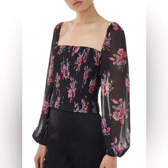 AMUR Beverly Top Sheer Long Sleeve Floral Black Corset Womens size Large - Picture 14 of 15